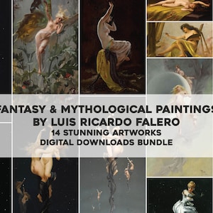 May include: A collage of 14 fantasy and mythological paintings by Luis Ricardo Falero. The paintings feature figures in various poses, including a woman with wings, a woman sitting on a rock, and a woman holding a paintbrush. The paintings are all in a similar style, with a focus on detail and realism. The text "Fantasy & Mythological Paintings by Luis Ricardo Falero 14 Stunning Artworks Digital Downloads Bundle" is displayed at the bottom of the collage.