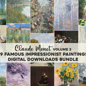 Peut inclure: Un collage de 19 téléchargements numériques de célèbres peintures impressionnistes de Claude Monet. Les peintures présentent une variété de sujets, notamment des paysages, des paysages urbains et des natures mortes. Le titre "Claude Monet Volume 2 : 19 peintures impressionnistes célèbres : Pack de téléchargements numériques" est affiché au centre du collage.