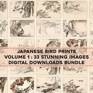 May include: A collage of 33 Japanese bird prints, featuring various species of birds in different poses and settings. The prints are in black and white and have a vintage aesthetic. The text "JAPANESE BIRD PRINTS VOLUME 1: 33 STUNNING IMAGES DIGITAL DOWNLOADS BUNDLE" is displayed in a red banner across the center of the image.