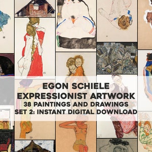 May include: A collage of 38 paintings and drawings by Egon Schiele, an Austrian Expressionist artist. The artwork features portraits, landscapes, and nude figures in a variety of styles and colors. The title "Egon Schiele Expressionist Artwork 38 Paintings and Drawings Set 2: Instant Digital Download" is displayed in white text on a gray background.