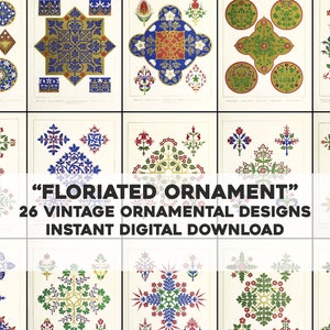 Può includere: Una collezione di 26 disegni ornamentali vintage che presentano intricati motivi floreali in tonalità di blu, verde, rosso e oro. I disegni sono disposti in un formato a griglia e sono etichettati come "FLORIATED ORNAMENT" e "26 VINTAGE ORNAMENTAL DESIGNS INSTANT DIGITAL DOWNLOAD".