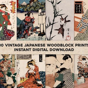 Puede incluir: Una colección de 30 estampas japonesas antiguas en madera que representan diversas escenas de personas, naturaleza y paisajes. Las estampas son en negro, blanco y tonos de rojo, azul y verde. El texto en las estampas dice "30 VINTAGE JAPANESE WOODBLOCK PRINTS INSTANT DIGITAL DOWNLOAD".
