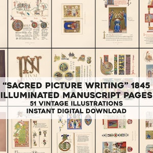 May include: A collection of 51 vintage illustrations from "Sacred Picture Writing" 1845, featuring illuminated manuscript pages. The images showcase detailed artwork with vibrant colors and intricate designs, perfect for digital download.