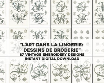 87 hojas de diseño de bordado francés vintage páginas: letras y alfabetos / paquete de imágenes de arte y artesanía / uso comercial de descarga digital instantánea