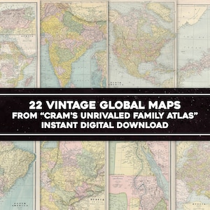 22 Vintage Karten der Länder der Welt 1889 Familienweltatlas | HQ Bild/Druckbare Wandkunst Bundle | Sofortiger digitaler Download Kommerzielle Nutzung