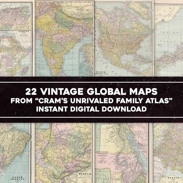 22 Vintage Maps of World Countries 1889 Family World Atlas | HQ Image/Printable Wall Art Bundle | Instant Digital Download Commercial Use