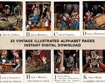 ABCs Children's Colored Alphabet Picture Book Illustrations | Instant Digital Instant Download | Old Educational Book Commercial Use