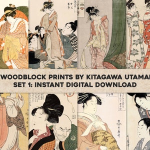 Può includere: Un collage di 31 stampe su legno di Kitagawa Utamaro. Le stampe raffigurano donne in abiti e acconciature tradizionali giapponesi. Le stampe sono di vari colori, tra cui rosso, blu, verde e giallo. Le stampe sono disposte in una griglia. Il testo "31 WOODBLOCK PRINTS BY KITAGAWA UTAMARO SET 1: INSTANT DIGITAL DOWNLOAD" è in cima al collage.