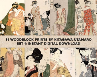 31 Japanese Woodblock Print Artworks Kitagawa Utamaro | HQ Image/Printable Wall Art Bundle | Instant Digital Download | Commercial Use 1