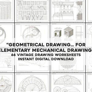 May include: A collection of 66 vintage drawing worksheets for geometrical drawing and elementary mechanical drawing. The worksheets feature various geometric shapes, including circles, squares, triangles, and more. The worksheets are black and white and have a vintage aesthetic.