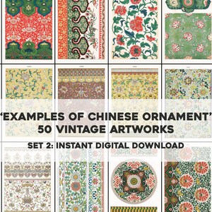 May include: A digital download of 50 vintage Chinese ornament illustrations. The images feature a variety of floral and geometric patterns in red, green, yellow, and blue.