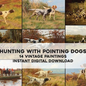 Può includere: Un collage di 14 dipinti vintage che ritraggono scene di caccia con cani da ferma. I dipinti presentano diverse razze di cani, tra cui setter inglesi e pointer, in diversi scenari di caccia, come correre attraverso i campi, stare in un punto ed essere guidati dai cacciatori. I dipinti sono in una varietà di stili, dal realistico all'impressionistico, e sono tutti splendidamente realizzati.