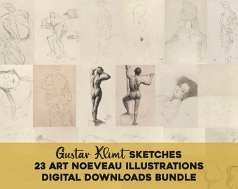 May include: A collage of 23 black and white sketches of figures in various poses. The sketches are by Gustav Klimt and are part of a digital download bundle of Art Nouveau illustrations.