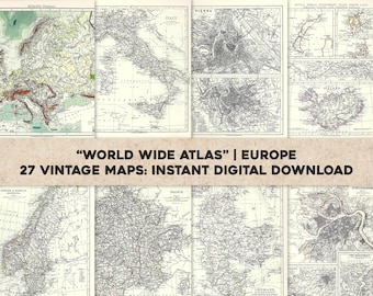 27 Vintage Maps of Europe Countries & Cities World Wide Atlas | HQ Image/Printable Wall Art Bundle | Instant Digital Download Commercial Use