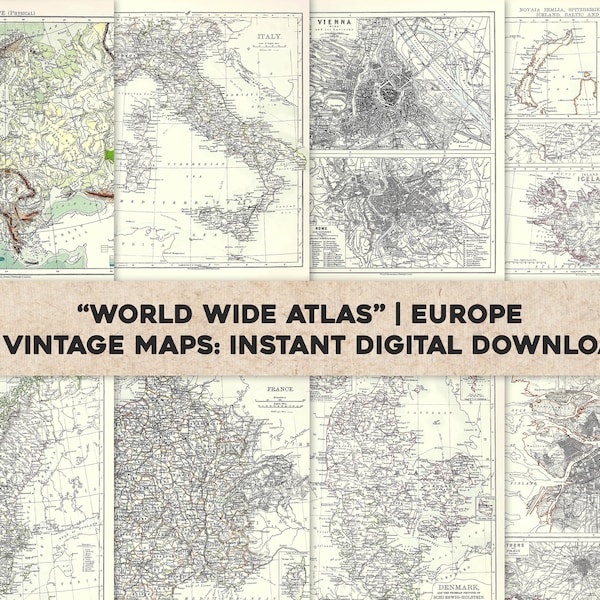 27 Vintage Maps of Europe Countries & Cities World Wide Atlas | HQ Image/Printable Wall Art Bundle | Instant Digital Download Commercial Use