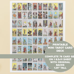 Druckbare Mini Tarot Karte Vollfarb Deck | 8,5x11 Blatt | Komplette 78 Karten + Zusätzliches Blatt mit Original Rückseiten Sofort Download