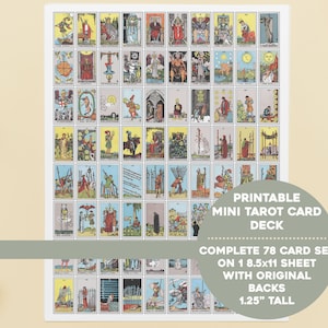 Printable Mini Tarot Card Full Color Deck | 8.5x11 Sheet | Complete 78 Cards + Additional Sheet with Original Backs Instant Download