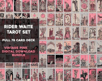 Może przedstawiać: Pełny 78-kartowy zestaw kart Rider Waite Tarot w odcieniach różowego vintage. Karty są ułożone w rzędach i kolumnach, pokazując pełny zestaw kart. Tekst "Rider Waite Tarot Set" i "Full 78 Card Deck" jest wyświetlany w czarnym polu u góry obrazu. Tekst "Vintage Pink Digital Download Bundle" jest wyświetlany w czarnym polu na dole obrazu.