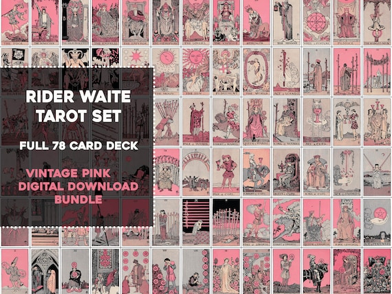 Vintage Pink Rider Waite Smith Complete Tarot Card Deck | Image Bundle Instant Digital Download | Complete 78 Card Tarot Deck