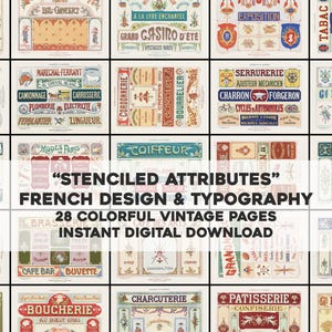 Stenciled Attributes - Classic French Typography Designs 25 Beautiful Prints | Digital Download Commercial Use
