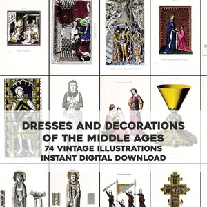 Könnte beinhalten: Eine Sammlung von 74 Vintage-Illustrationen, die Kleider und Dekorationen des Mittelalters zeigen. Die Bilder sind farbenfroh und detailliert und zeigen verschiedene historische Figuren und Objekte. Der Text auf dem Bild lautet "Dresses and Decorations of the Middle Ages" und "Instant Digital Download."