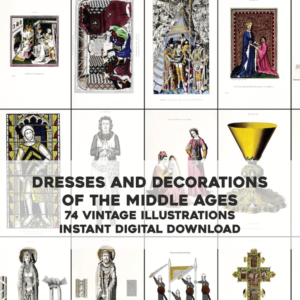 74 Illustrations of Dress & Decoration of the Middle Ages | Image Bundle Printable Wall Art | Instant Digital Download Commercial Use