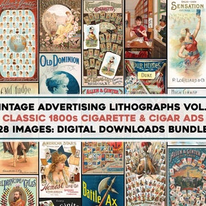 28 Vintage 1800s Tobacco Cigarette Lithograph Print Advertisements | High Res Image Bundle | Digital Download Commercial Use