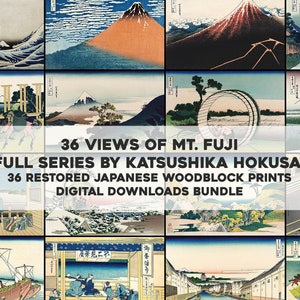 36 Widoków Góry Fuji Hokusai Japońskie Drzeworyty | Pakiet obrazów HQ Wydrukowana Sztuka Ścienna | Natychmiastowe Pobieranie Cyfrowe Wykorzystanie Komercyjne