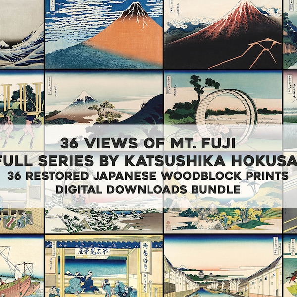 36 Vistas del monte Fuji Hokusai Grabados en madera japoneses / Paquete de imágenes HQ Arte de pared imprimible / Descarga digital instantánea Uso comercial