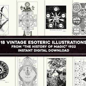 Könnte beinhalten: Eine Sammlung von 18 Vintage-Illustrationen in Schwarzweiß aus dem Buch "Die Geschichte der Magie", veröffentlicht 1922. Die Illustrationen zeigen verschiedene esoterische Symbole, Diagramme und Figuren.