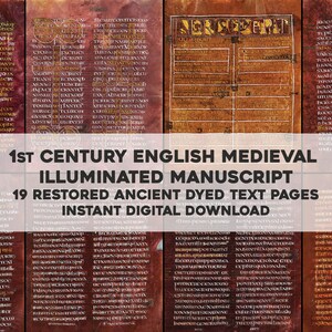 Op de afbeelding: Een digitale download van 19 gerestaureerde pagina's uit een verlicht Engels middeleeuws manuscript uit de 1e eeuw. De pagina's bevatten rode en gouden tekst en illustraties.