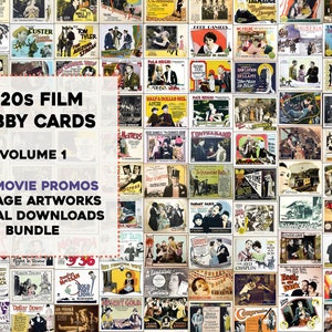 May include: A collage of 120 vintage movie lobby cards from the 1920s. The cards feature black and white images of actors and actresses from the era. The text "1920s Film Lobby Cards Volume 1" is displayed in a white box in the center of the image.