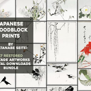 日本の鳥と植物の木版画 印刷可能な壁アートバンドル ヴィンテージアジアの花のイラスト デジタルダウンロード 商用利用