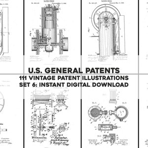 Puede incluir: Un conjunto de 111 ilustraciones de patentes vintage, que presentan dibujos detallados de varios inventos. Las ilustraciones son en blanco y negro y tienen una estética clásica e industrial. El texto "U.S. GENERAL PATENTS" y "SET 6: INSTANT DIGITAL DOWNLOAD" está incluido en la imagen.