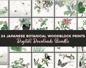 May include: A set of 24 digital downloads of Japanese botanical woodblock prints. The prints feature flowers, butterflies, and insects in a traditional Japanese style.