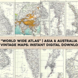 29 Vintage Maps Asia & Australia from World Wide Atlas / Imagen HQ / Paquete de arte de pared imprimible / Descarga digital instantánea Uso comercial