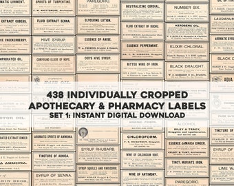 May include: A collection of 438 vintage apothecary and pharmacy labels, digitally cropped and ready to download. The labels feature a variety of products, including  medicines, tonics, and remedies. The labels are printed in black and white on a cream-colored background.