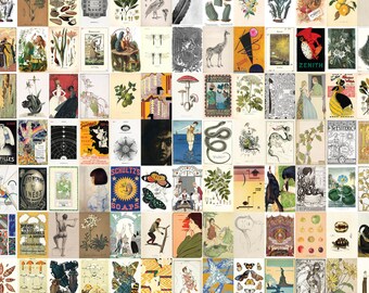 May include: A collage of vintage illustrations and graphics featuring a variety of subjects, including nature, animals, people, and abstract designs. The images are arranged in a grid pattern and are printed in a variety of colors, including black, white, red, green, and blue.