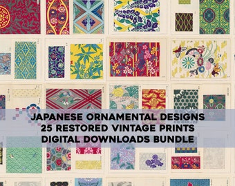 May include: A collage of 25 restored vintage Japanese ornamental designs. The designs feature intricate patterns with a variety of colors, including red, blue, green, yellow, and white. The designs are perfect for use in crafts, scrapbooking, and other creative projects.  "JAPANESE ORNAMENTAL DESIGNS 25 RESTORED VINTAGE PRINTS DIGITAL DOWNLOADS BUNDLE"