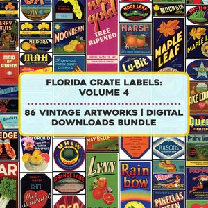 May include: A collage of 86 vintage Florida crate labels, featuring colorful illustrations of fruits, vegetables, and other agricultural products. The labels are arranged in a grid pattern and include text such as "Moon Lake", "Maple Leaf", "Lu-Bit", and "Red Deer".