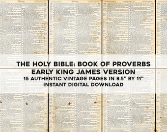 Puede incluir: Una descarga digital de 15 páginas vintage de una versión temprana del Libro de los Proverbios de la Biblia del Rey Jacobo. Las páginas miden 21,6 cm por 27,9 cm.