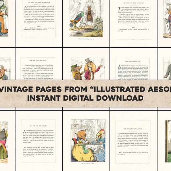44 Vintage Aesops Fables Illustrated Stories Tales | HQ Image Bundle/Printable Wall Art Instant Digital Instant Download Commercial Use