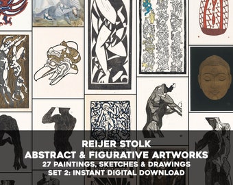 May include: A collage of 27 abstract and figurative artworks by artist Reijer Stolk. The artwork includes paintings, sketches, and drawings. The artwork is available for instant digital download.