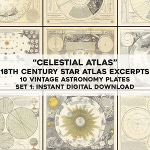 May include: A collection of ten vintage astronomy plates from the 18th century, featuring celestial maps and diagrams. The prints are in sepia tones with intricate details, perfect for educational or decorative purposes. The text "CELESTIAL ATLAS" is displayed.