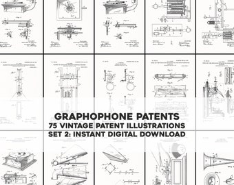 75 Restored Record Player Graphophone Patents Set 2 | HQ Image Bundle Printable Wall Art | Instant Digital Download Physical Commercial Use