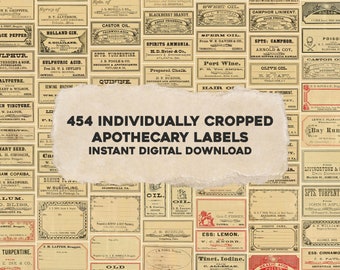 May include: A collection of 454 vintage apothecary labels, individually cropped and ready for instant digital download. The labels feature a variety of products, including medicines, oils, and other goods. The labels are printed in black and white on a cream-colored background.