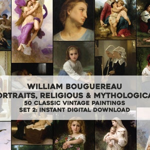 May include: A collage of 50 vintage paintings by William Bouguereau, featuring portraits, religious scenes, and mythological subjects. The paintings are in a variety of styles, including realism, impressionism, and symbolism. The collage is a great way to get a glimpse of Bouguereau's work and to see the diversity of his artistic output.