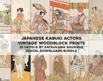 May include: A collage of 35 vintage Japanese woodblock prints featuring Kabuki actors. The prints are in black, white, and shades of red, green, and blue. The prints are titled "Japanese Kabuki Actors Vintage Woodblock Prints 35 Ukiyo-e by Katsukawa Shunsho Digital Downloads Bundle."