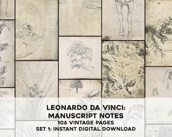 106 Leonardo Da Vinci Manuscrito Bocetos Notas Diagramas Conjunto 1 / Paquete de imágenes Arte de pared imprimible / Descarga digital instantánea Uso comercial