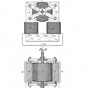 May include: A black and white line drawing of a patent for an electrical transmission of power, invented by Nikola Tesla. The patent is dated May 1, 1888 and includes two diagrams of the invention.